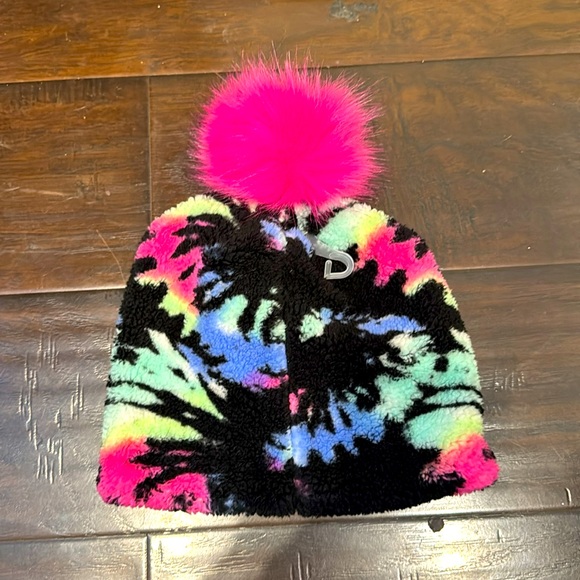 Justice Black Multi Color Beanie w/ pink faux fur pom pom NEW NWT Tween Teenager - Picture 2 of 7